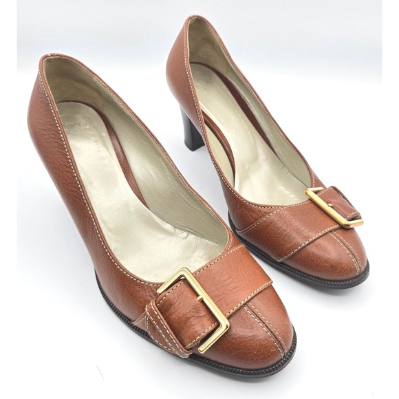 Furla Shoes - Vintage Furla Brown Leather Pumps Y2K Corporate Chic Buckle Block Heel 38 US 8